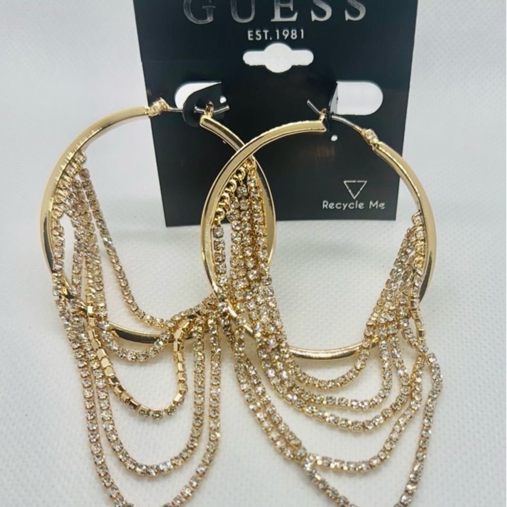 NWT *Guess* Gold Hoop Earrings with Rhinestone Chains - Picture 5 of 6